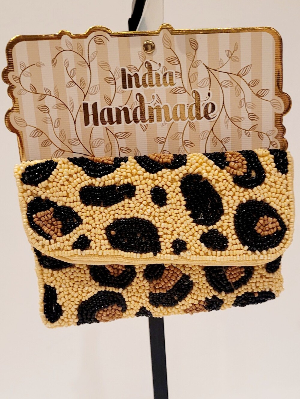Leopard Beaded Clutch - Tan Black Brown Handmade - Picture 1 of 4